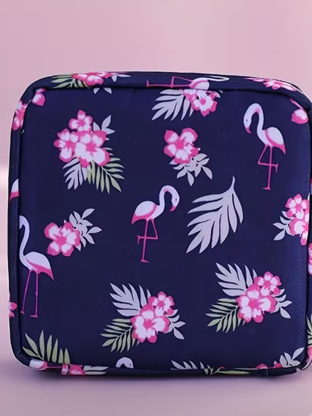 Navy Flamingo Floral Cosmetic or Pad Pouch